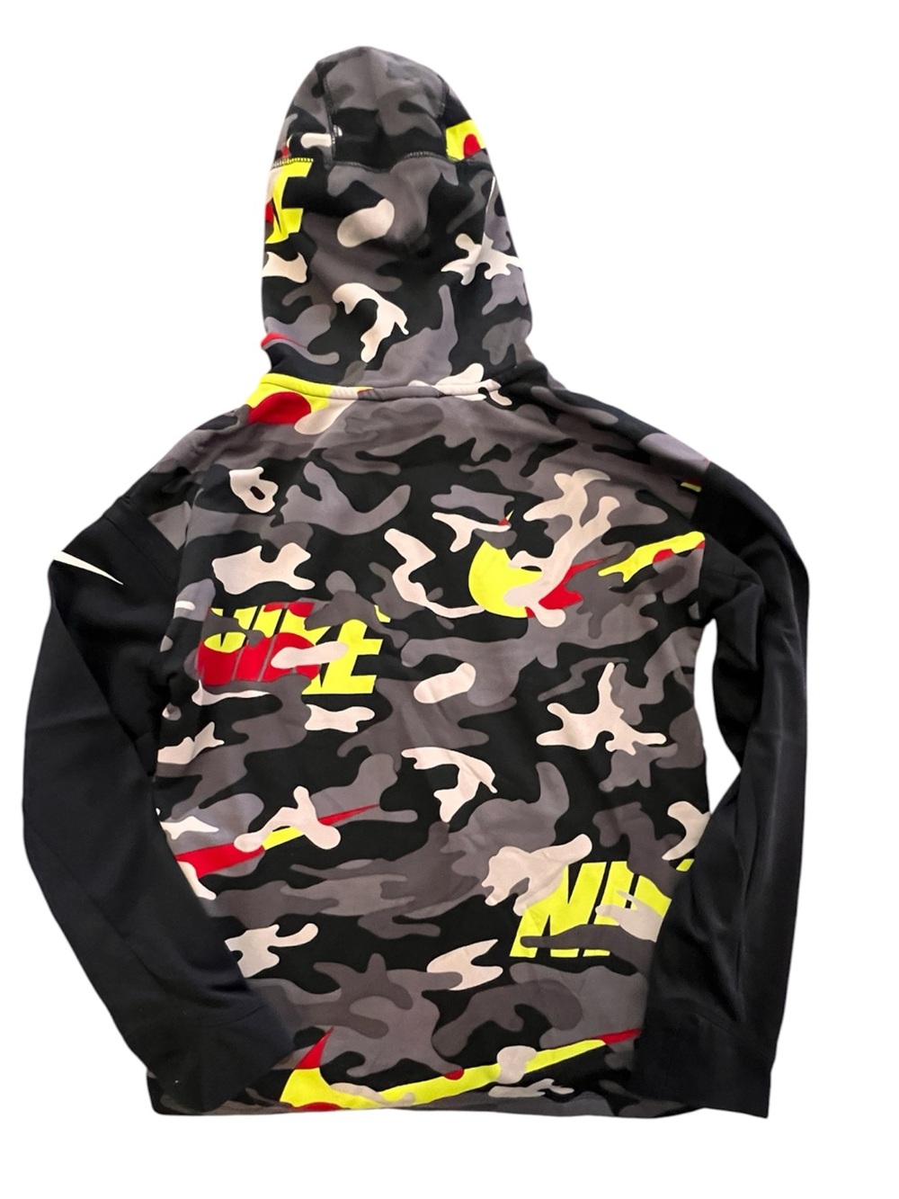 Nike Kids Dri-FIT Hooded Camo Pullover in Black, Gray & Yellow